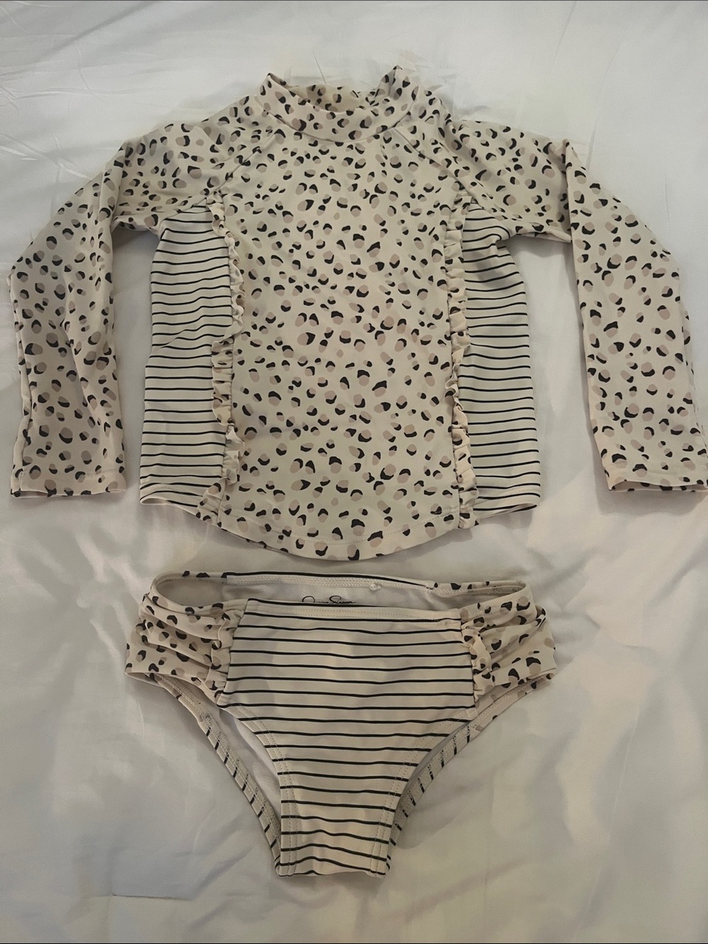 Jessica Simpson Cream Leopard & Black Stripe Girls Rashguard Two-Piece suit sz 4